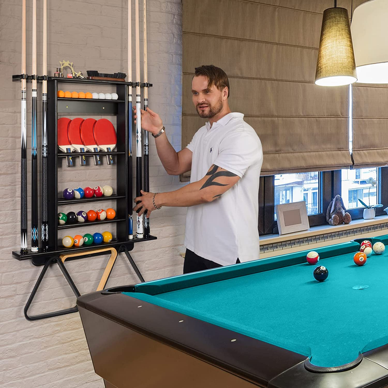 Pool Stick Holder, 2-IN-1 Pool Cue Rack & Ping Pong Paddle Holder, 100% Solid Pi
