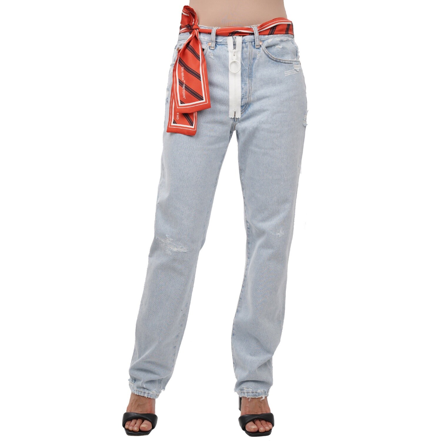 Pre-owned Off-white Virgil Abloh Logo Silk Scarf Straight Distressed Jeans Pants Blue