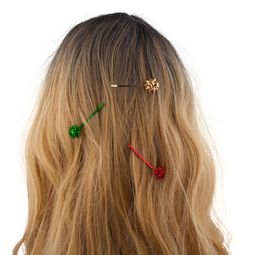 Lux Accessories Gold Tone Red Green Grosgrain Gift Bow Hair Pins Set of 3