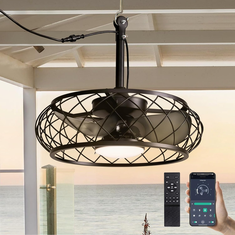 20'' Outdoor Ceiling Fan with Lights Remote Control, Outdoor Ceiling Fans with Hanging Hook, Dimmable Caged Industrial Chandelier with Fan, Fandelier for Gazebo Patio Pergola, Black