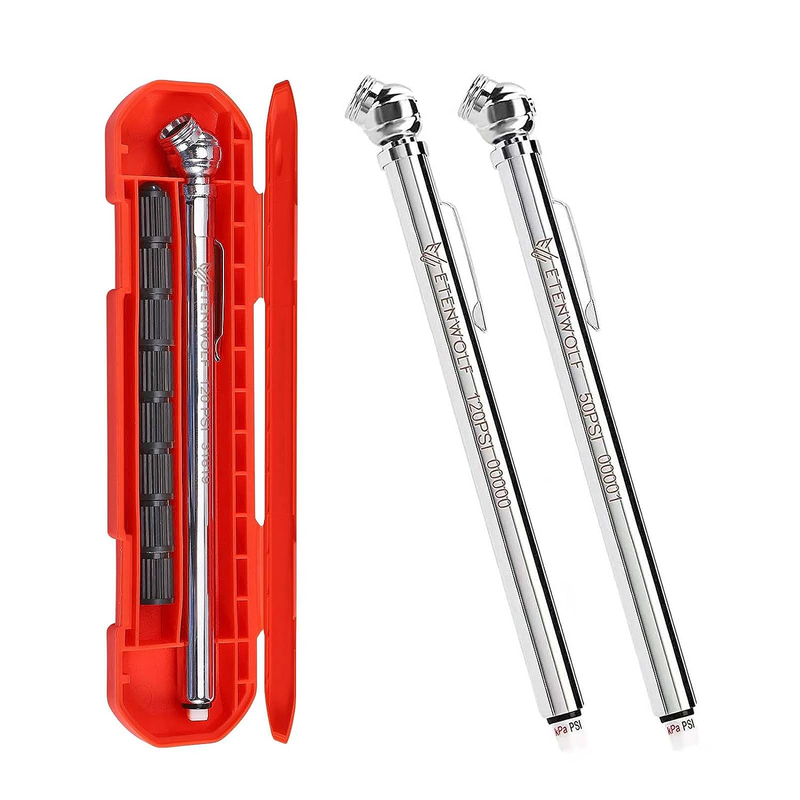 Pencil Tire Pressure Gauge 2 Pack (10-50PSI, 20-120PSI) with 16 Tire Caps Calibr