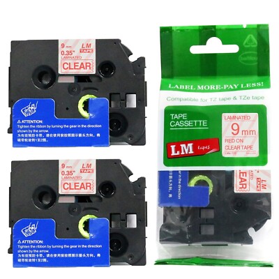 2/Pack 9mm Red on Clear Tape for P-touch Model PTE100, PT-E100 Label Maker