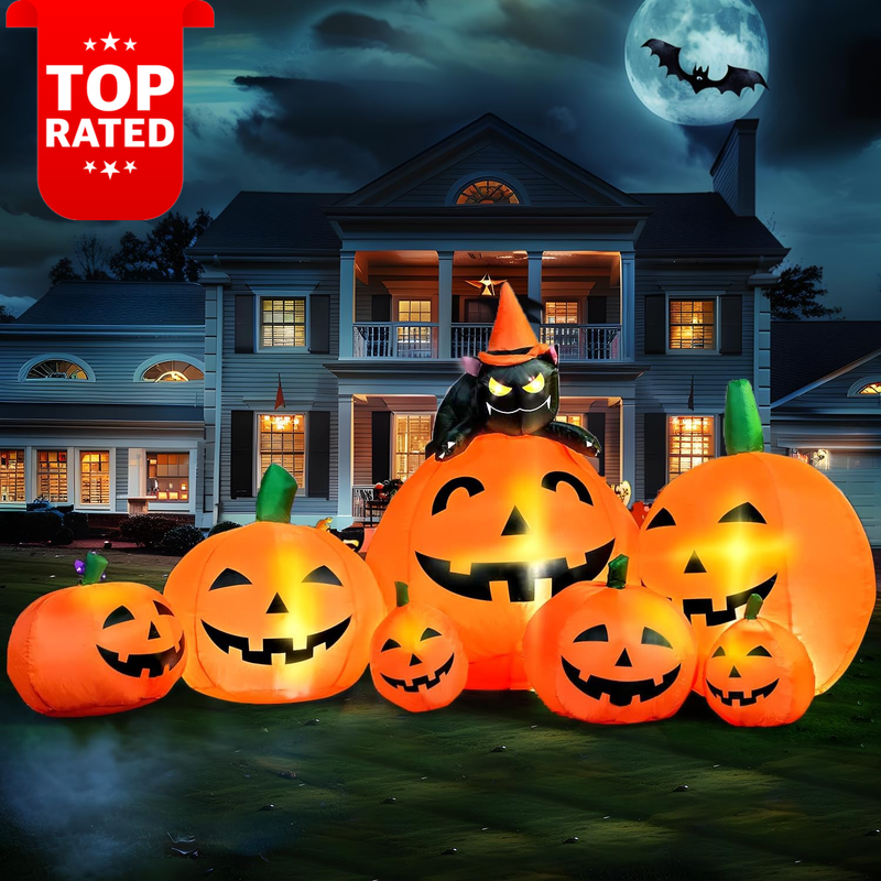 7FT Halloween Inflatable Pumpkin Decorations with Witch Cat LED Yard Decor