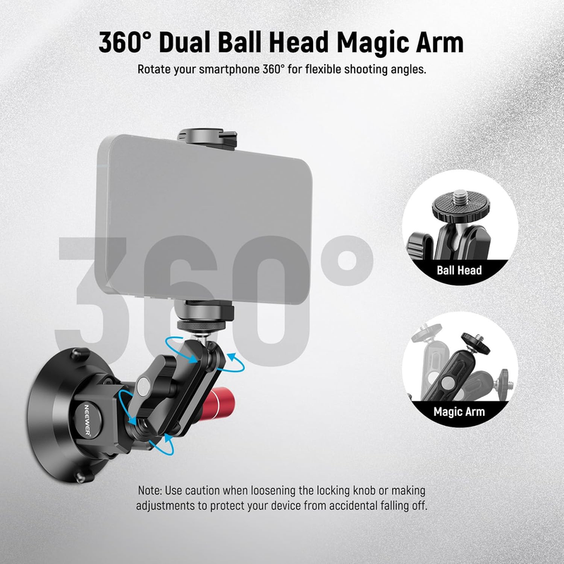 3" Suction Cup Camera Mount Bracket with Ball Head Magic Arm, 1/4" ARRI Holes, Q