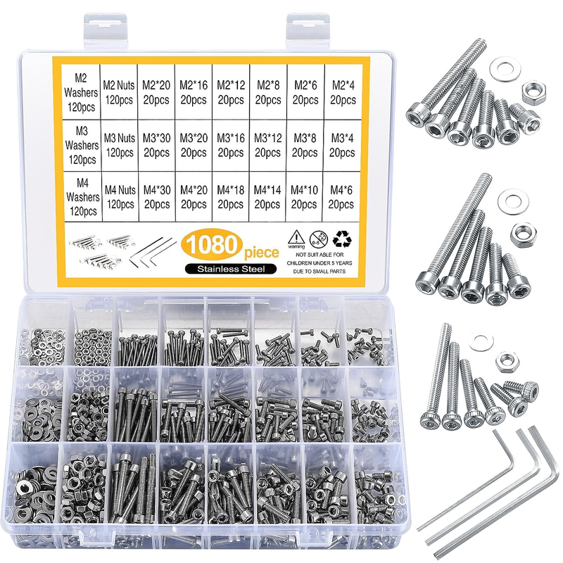 Nuts Bolt Assortment Kit Metric Stainless Steel M2 M3 M4 Screws Hex Set 1080 PCS