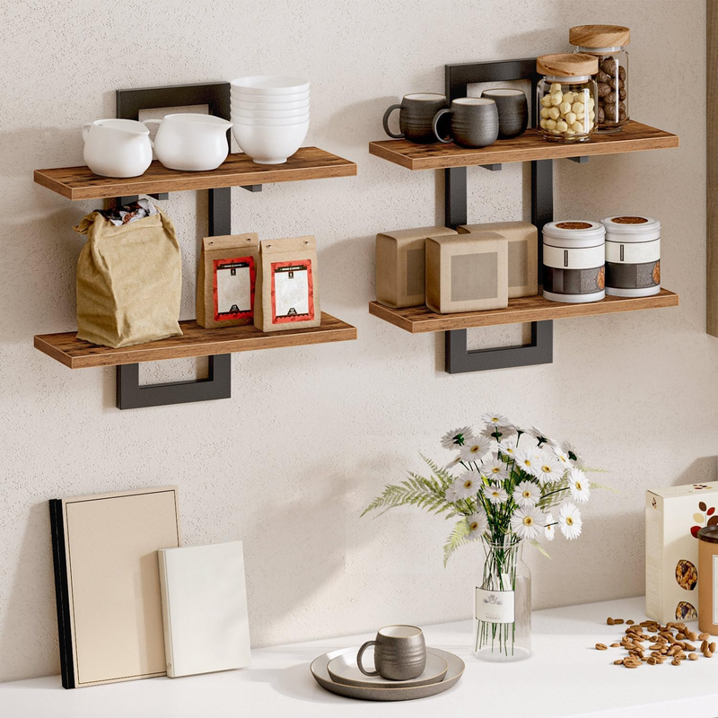 Floating Shelves, 38 cm Wall Shelf Set of 2, Wall Mounted Storage Shelves 2-Tier