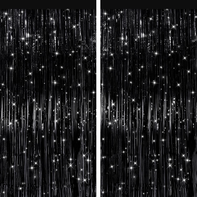 2 Pack Black Metallic Tinsel Foil Fringe Curtains, Door Streamers Photo Booth Ba