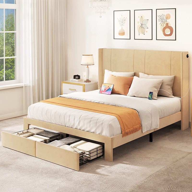 Queen Size Metal Bed Frame w/Headboard Built-in 2 USB Charging w/Storage Drawers