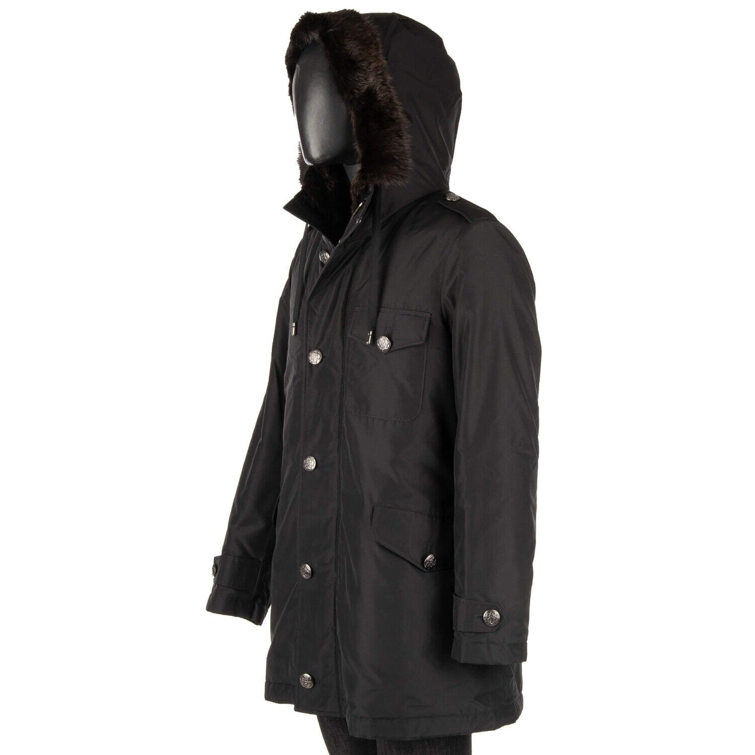 Pre-owned Dolce & Gabbana 9.000$ Silk Parka Jacket Detachable Fur Lining Hood Black 11186