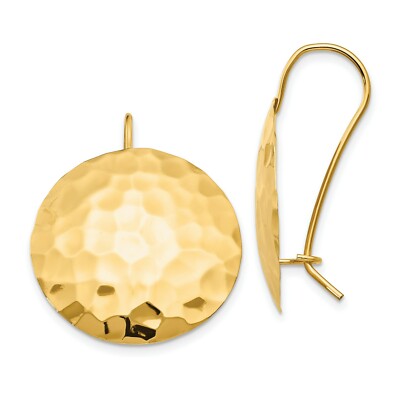 Pre-owned Jewelry Stores Network Polished Hammered Round Disc Kidney Wire Earrings In Real 14k Yellow Gold 25 Mm