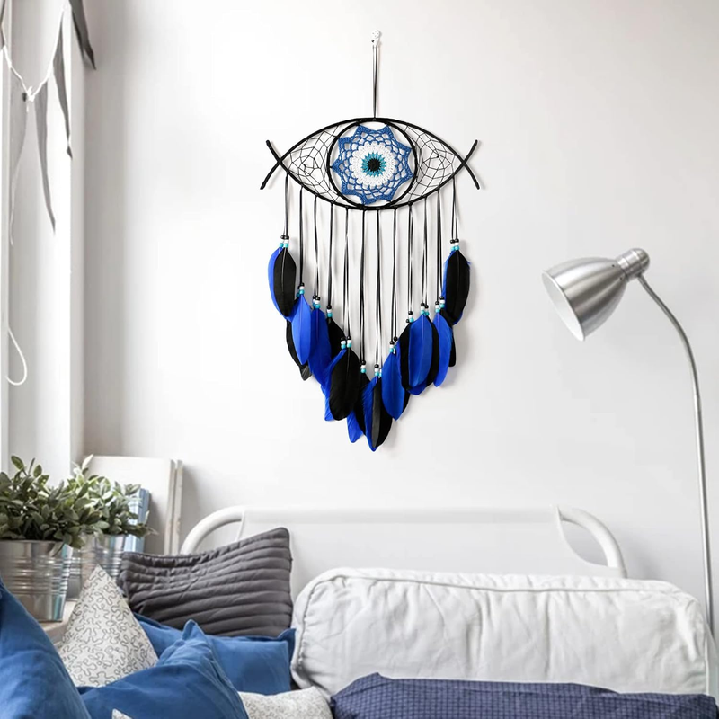 Evil Eye Dream Catcher-Blue Black Dream Catchers Handmade Feather Evil Eye Wall