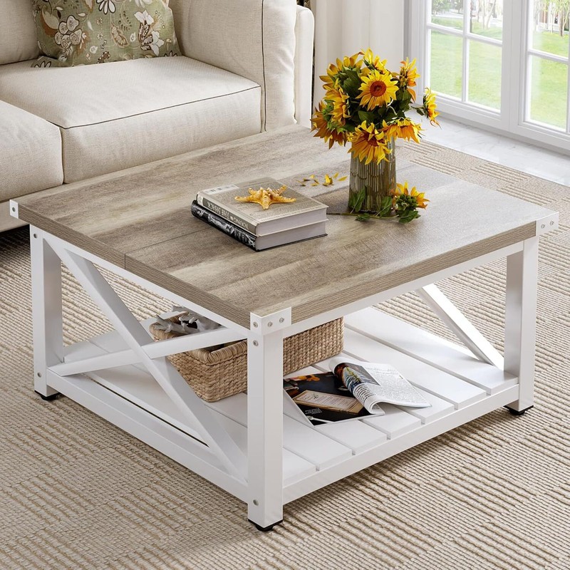 Farmhouse Coffee Table,Square Coffee Table for Living Room, Vintage Living