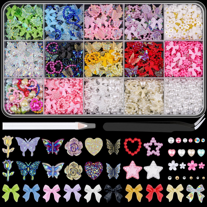 3D Nail Charms and Gems for Nails Design Set 1, Colorful Nail Bows Coquette Jewels + Cute Assorted Heart Star Rose Butterfly Junk Nail Charms + Nail Pearls for Nail Art Decor