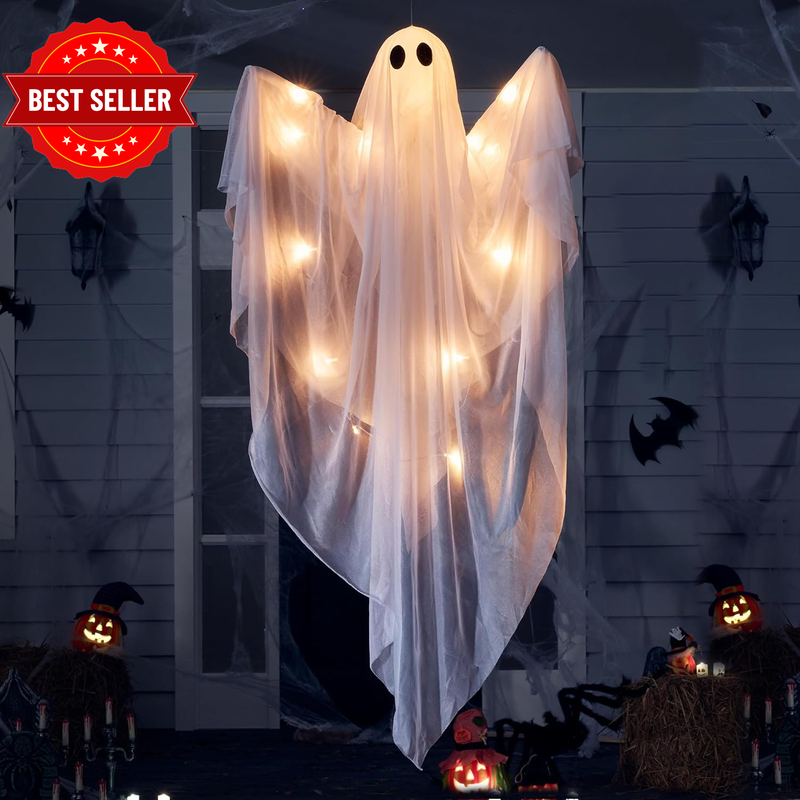Halloween Hanging Light up Ghost with Spooky Warm White LED Light, 47” Halloween