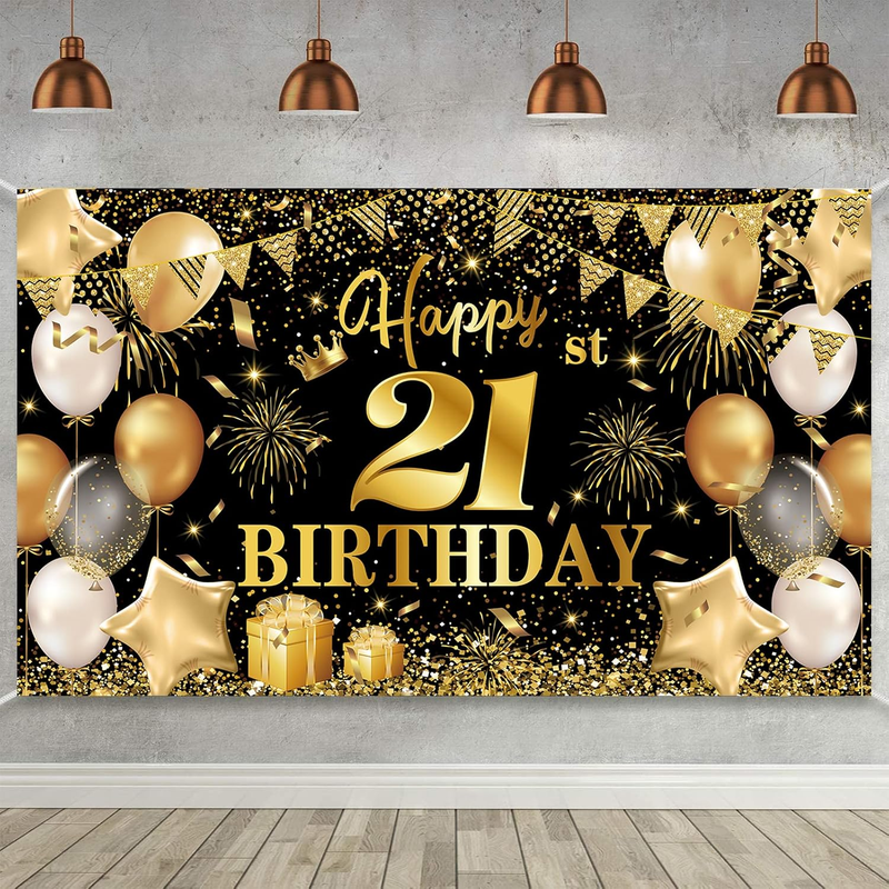 Happy 21St Birthday Banner - Black Gold Party Decorations Backdrop for Men and W