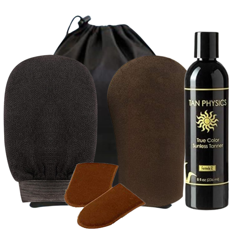Sunless Tanner – 6pc Tanning Kit with Face & Body Mitts, Exfoliation Mitt & Travel Bag – Self Tanning Lotion for Face & Body – Instant, Streak-Free Glow for a Natural-Looking Tan