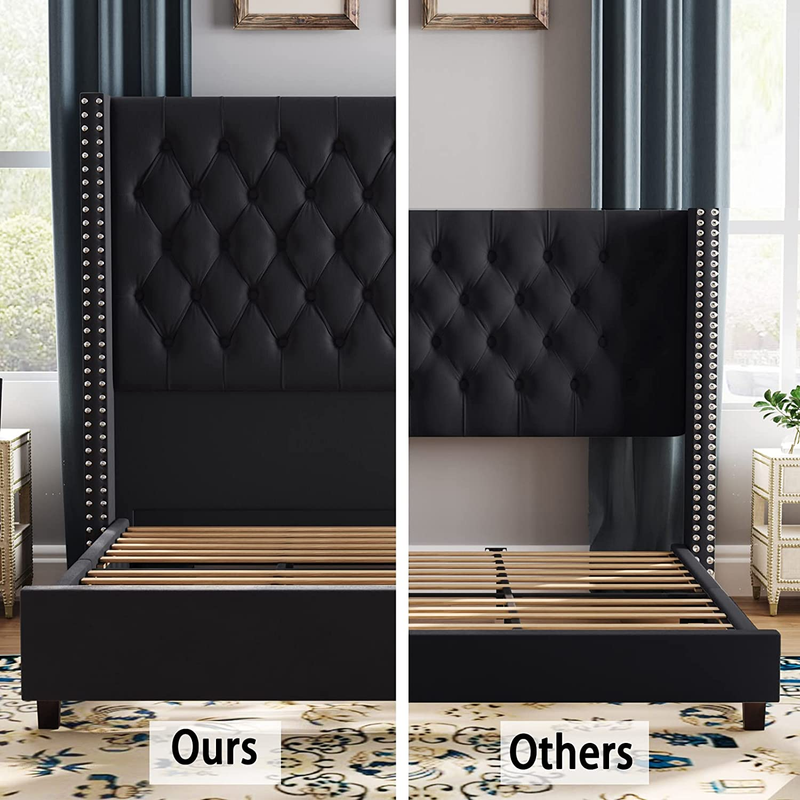 61.4" Tall Bed Frame King Size Upholstered Bed Wingback Headborad Velvet Tufted