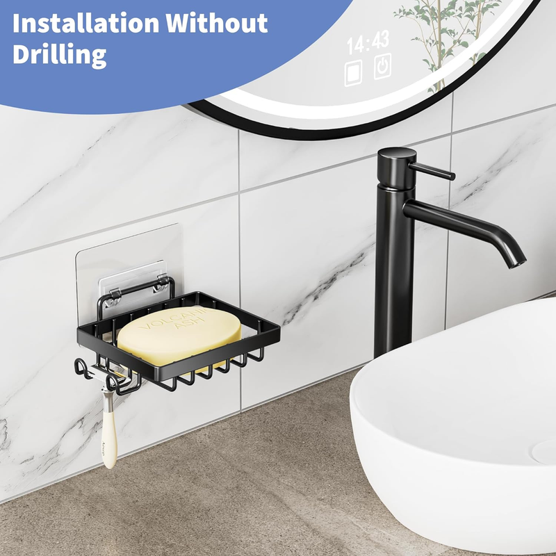 Soap Dish with Hooks and Razor Holder: No Drilling, Wall Mounted for Shower
