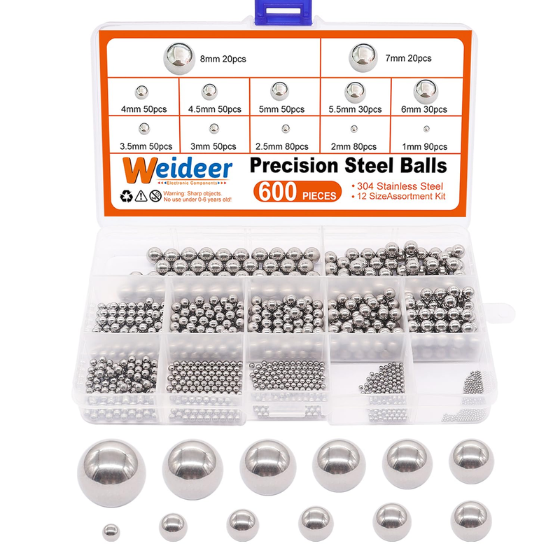 600pc Stainless Steel Precision Bearing Balls 1-8mm Metric Ass...