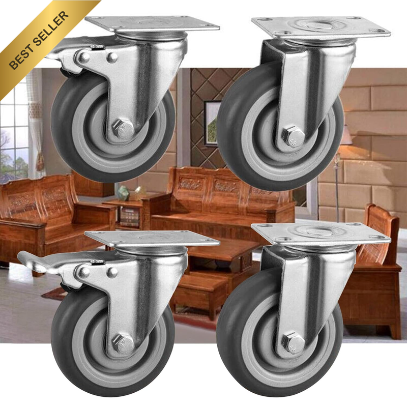 4 Inch Swivel Rubber Caster Wheels Heavy Duty Castors with 360 Degree Rubber Bas
