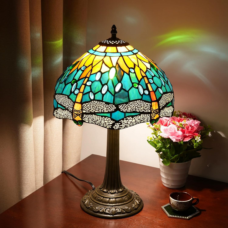 Tiffany Lamp Green Dragonfly Style Stained Glass Lamps Teal Bedroom Bedside Table Lamp for Dorm Office Art Craft Antique Decor Accent Aesthetic Nightstand Retro Metal Reading Lamps 12 Inch