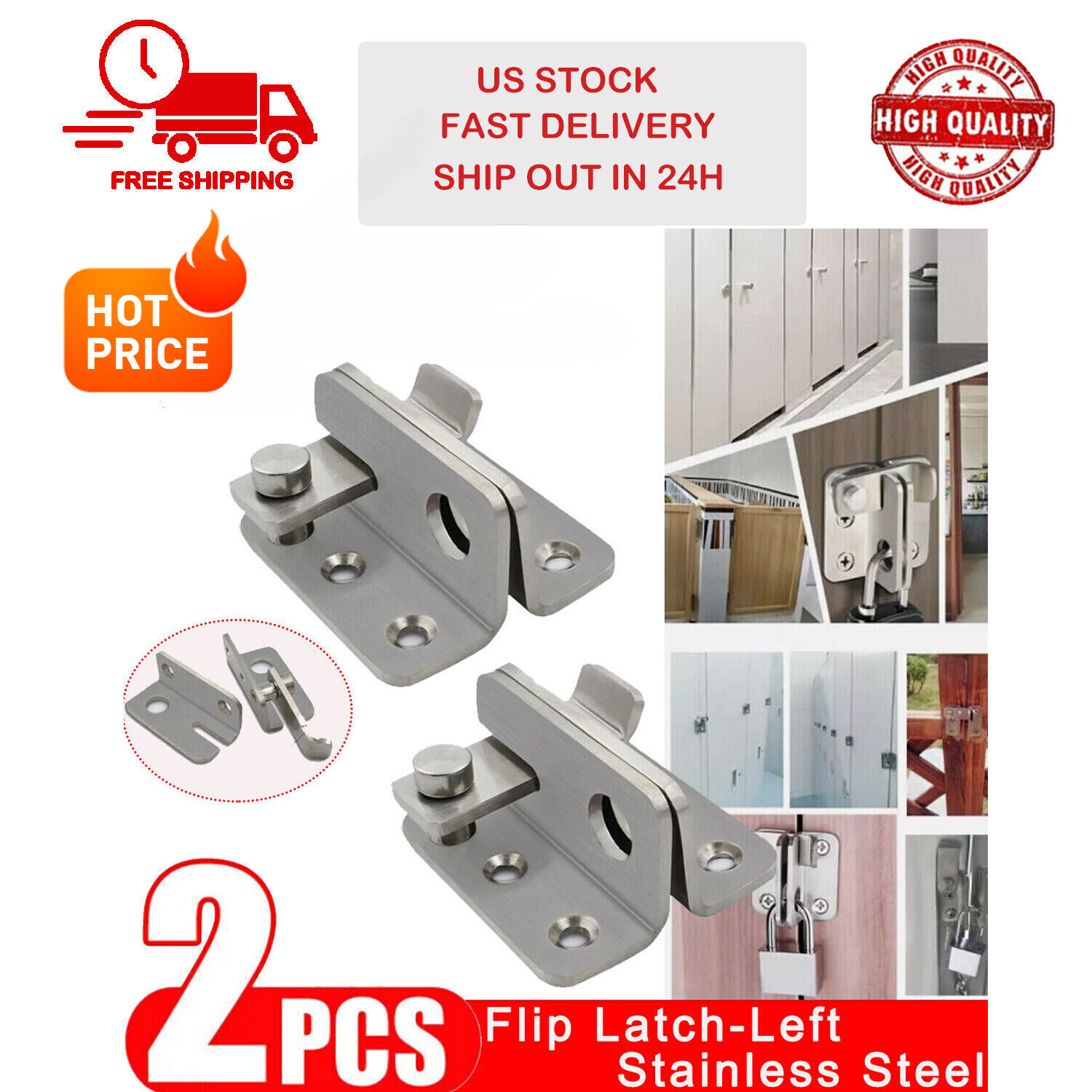 2PCS Flip Latch Thickened Heavy Duty Hasp Safety Sliding Door Lock Gate Latches