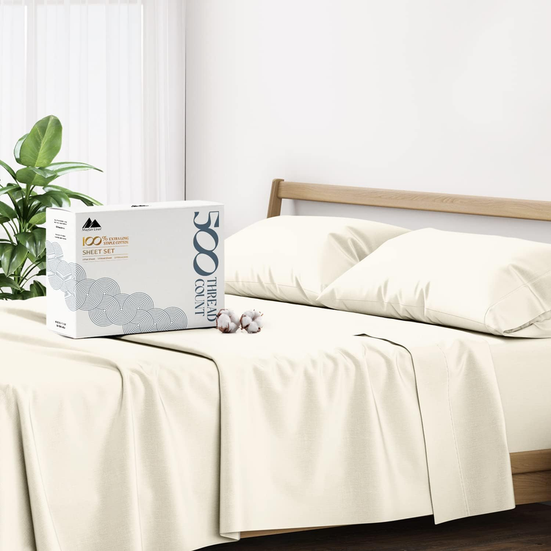 King Size Cotton Sheets Set - 500 Thread Count 4 PC 100% Cotton Sheets for King Bed, Deep Pocket King Size Cotton Sheets Set for Hot Sleepers, Luxury Hotel Cooling Sheets (Sand)