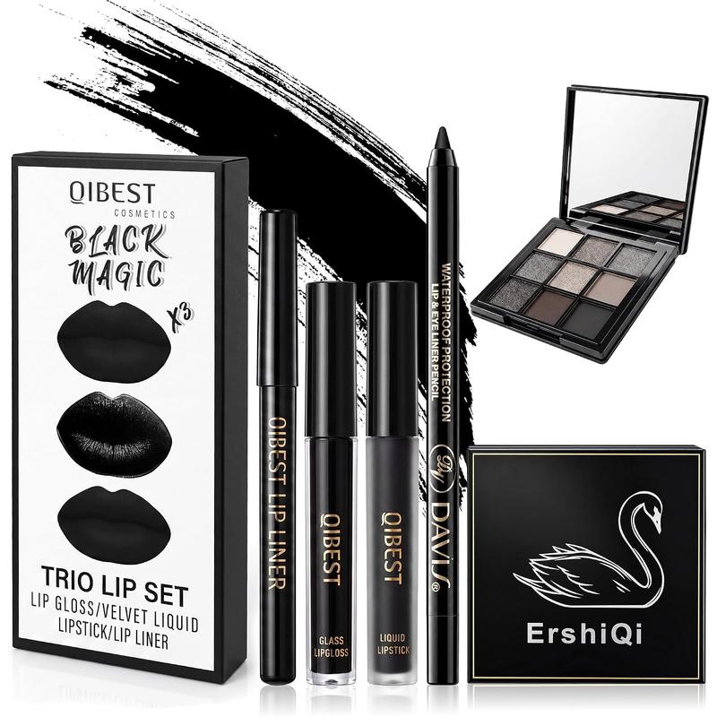 5 Stück Gothic Make Up, Schwarzer Lippenstift Kussecht, Matt Lipgloss Lipliner,