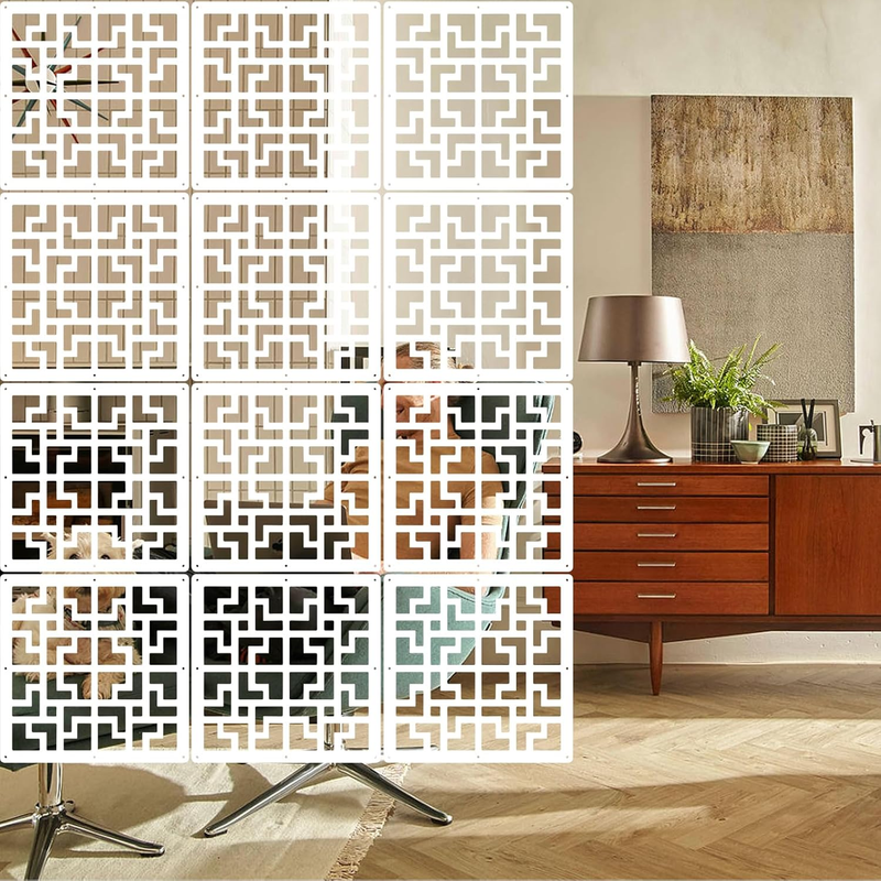 12 PCS Hanging Room Divider Decorative Thick Wall Screen Panels Floral Carving Pattern Hollow Out Design for Bedroom Living Dining Room Kitchen Office Restaurant Home Hotel Decor - White Maze