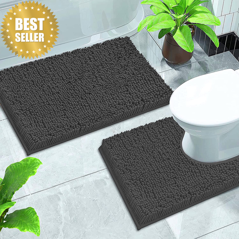 Bath Mat Set 2 Pieces, Chenille Non-Slip Back 50X80 Cm Bathroom Mat & 50X60 Cm U