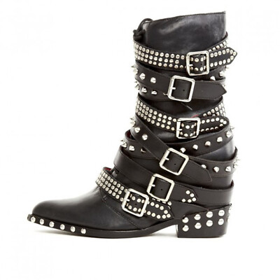 Pre-owned Jeffrey Campbell Draco Stud Hidden Wedge Pointed Embellished Moto Leather Boots In Black