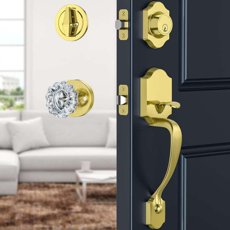Satin Brass Front Door Handle and Deadbolt Set, Front Door Lock Set with Crystal Glass Door Knob, Exterior Door Lock Set with Single Cylinder, Reversible for Right & Left, Gold