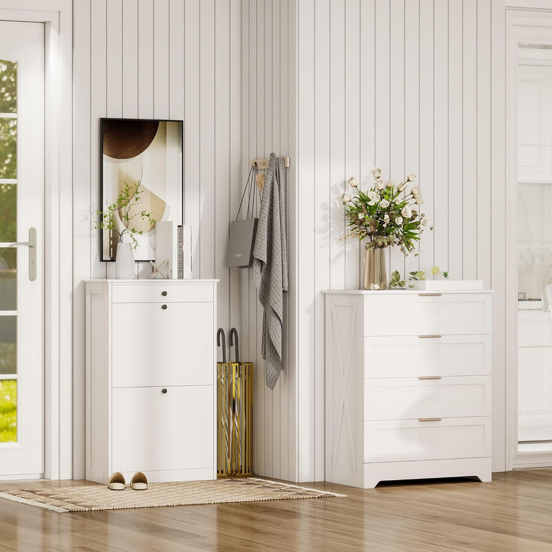 White 4 Drawer Dresser for Bedroom & Slim Shoe Organizer with 2 Flip Drawers Set, Wooden Tall Chest of Drawers & Hidden Freestanding Shoe Storage Cabinet for Entryway, Living Room, Hallway
