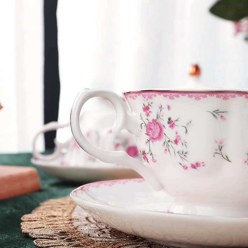 Vintage Porcelain Tea Set for Women Tea Party, Tea Cup and Saucer Set for 6, Wed