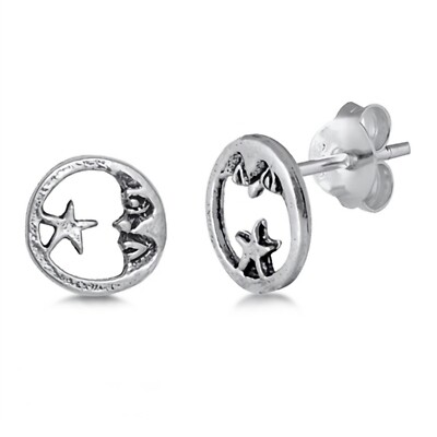 Crescent Moon Face & Star Earrings 925 Sterling Silver 7mm Push Back Studs