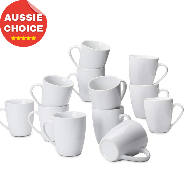 12-Piece White Porcelain Coffee Mug Set 355 ML Ideal for Home or Office Use