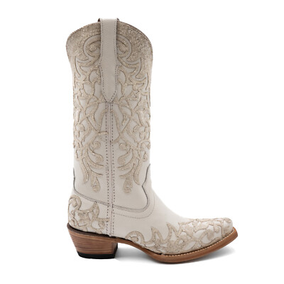 Pre-owned Ferrini Womens Starlight V-toe White Leather Cowboy Boots