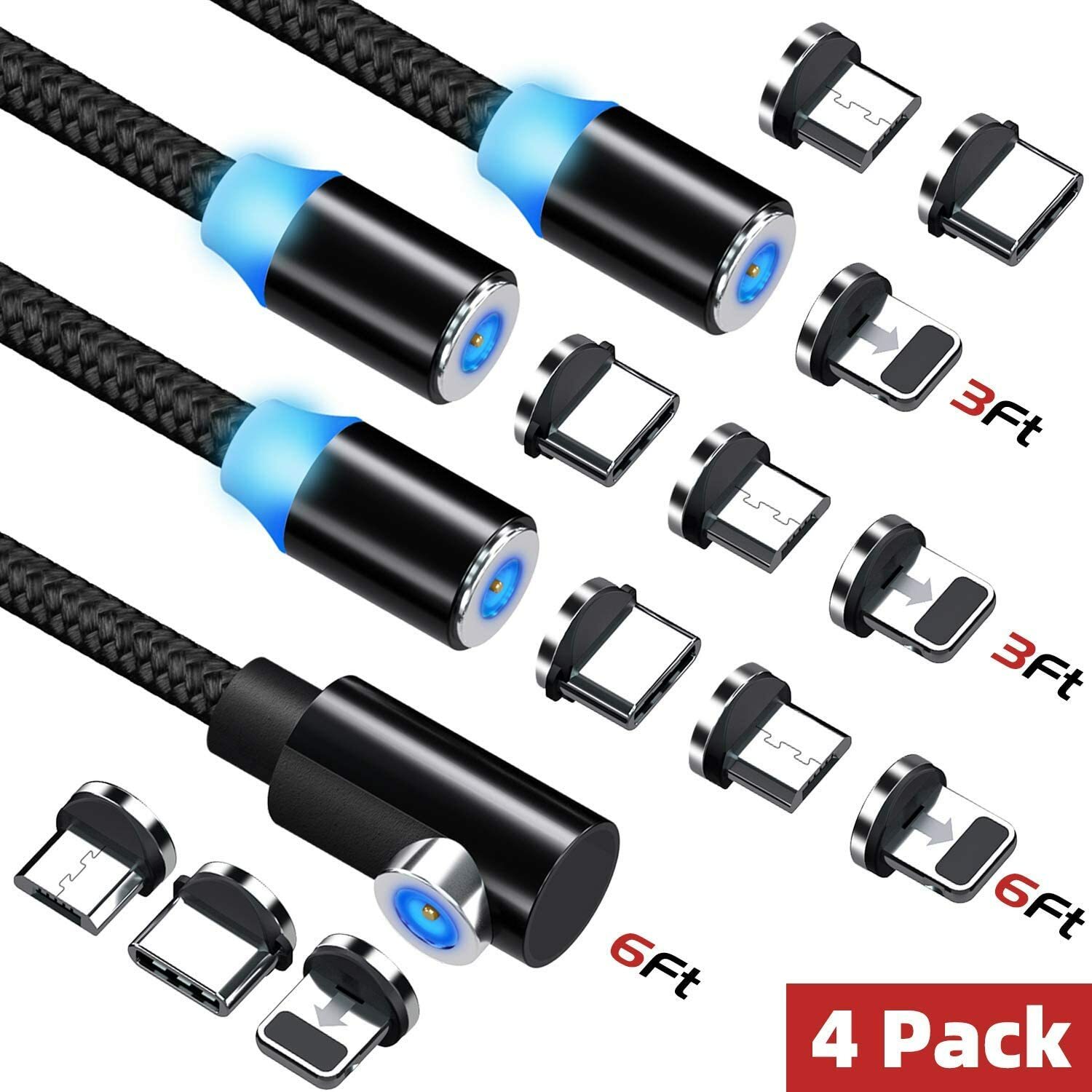 FONKEN Lot de 4 câbles de charge magnétique 3 en 1 pour téléphone portable Noir