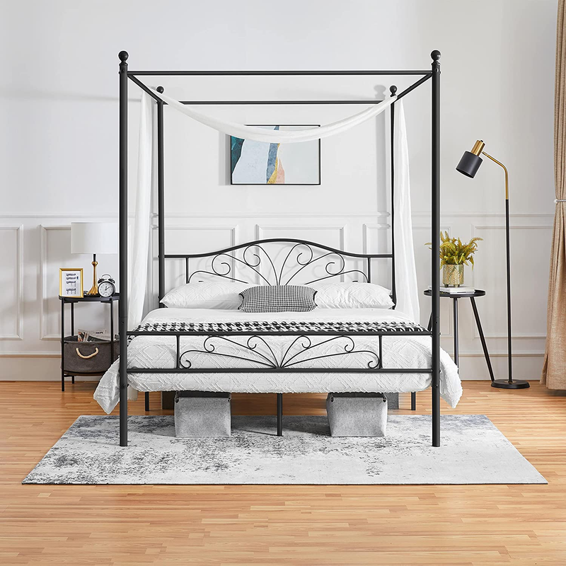 Four-poster Canopied Platform Bed With Graceful Scroll Ar