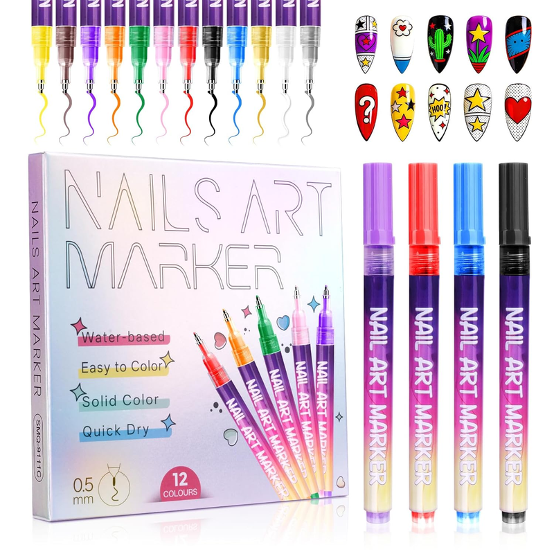 12 Color Nail Art Markers 0.5mm Ultra Fine Tip Quick Dry Water...