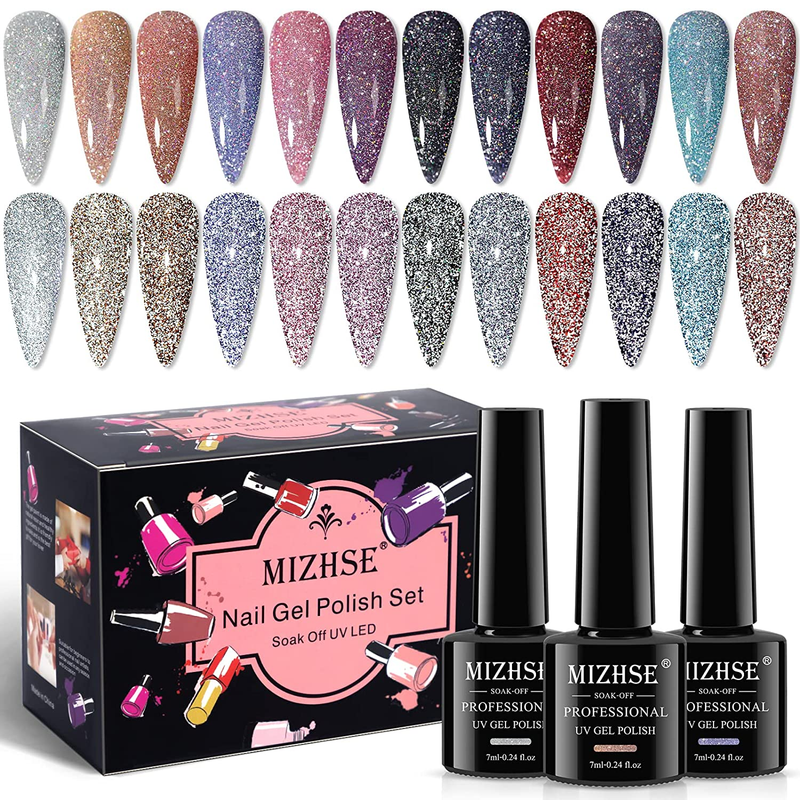 MIZHSE Reflective Glitter Gel Nail Polish Kit 12 Pcs Colorful Sparkly Diamond..