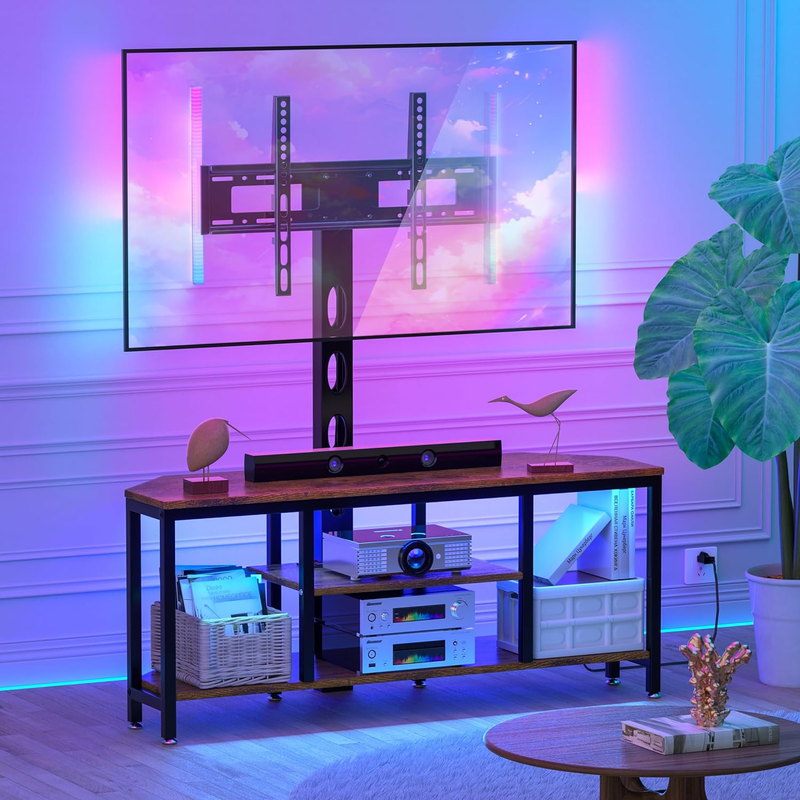 TV Stand with Mount and LED Light, Corner TV Stand with Storage and Power Outlet