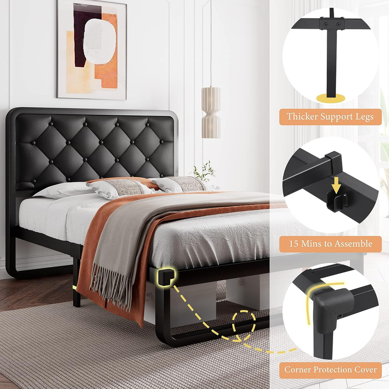 Twin Size Metal Bed Frame with Faux Leather Headboard, Curved Platform Bed Frame