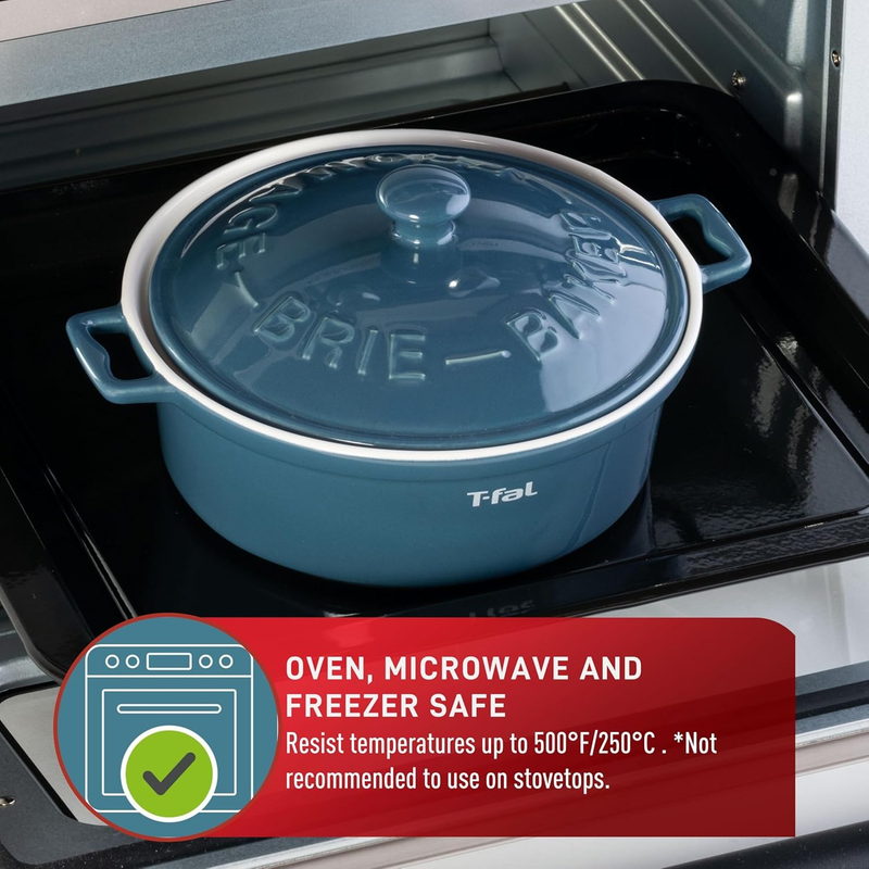 T-Fal Ceramic Brie Baker with lid and handles, 7-in/18cm, blue