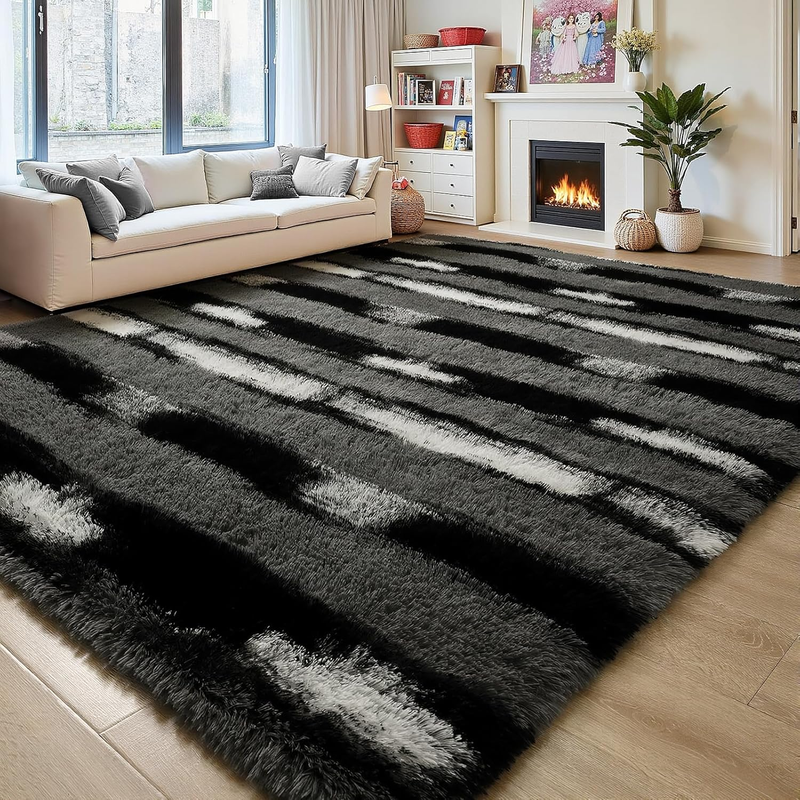 Fluffy Area Rugs for Bedroom Living Room, 4X6 Black and Grey Soft Plush Striped