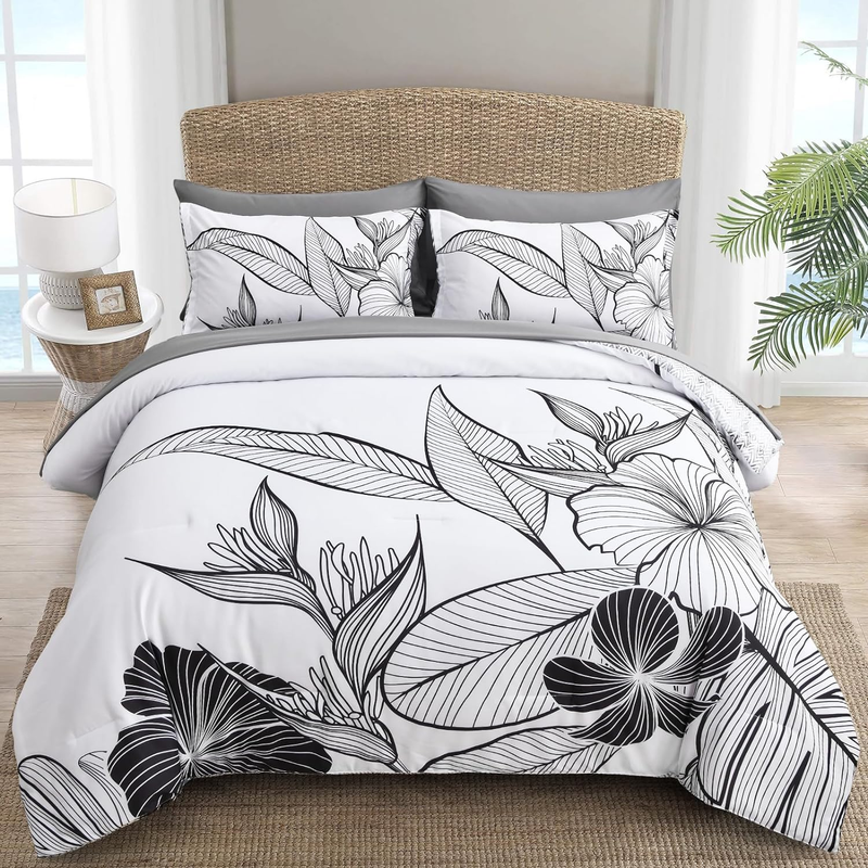 Queen Black And White Flower Pattern Bed In A Bag 7 Pieces