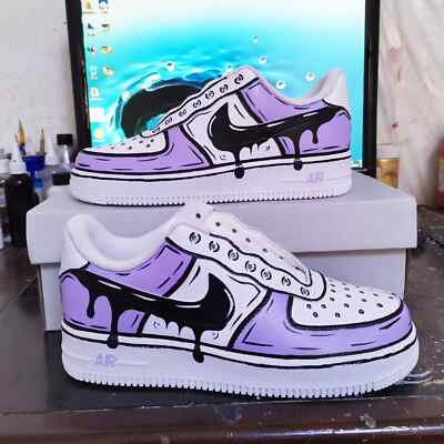 Air Force 1 Custom Shoes White 'Lilac Purple Black Drip Cartooon' Mens Size 17
