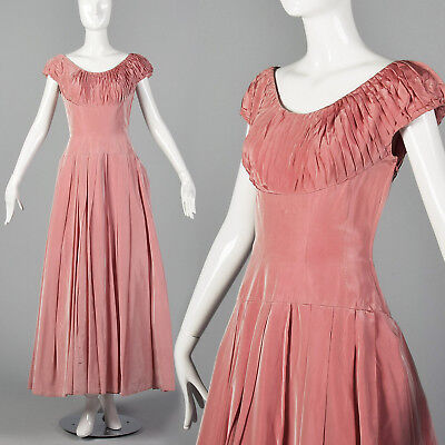 XS 1940s Pleated Party Dress Short Sleeve Vintage Side Zip Pink Maxi Long Prom