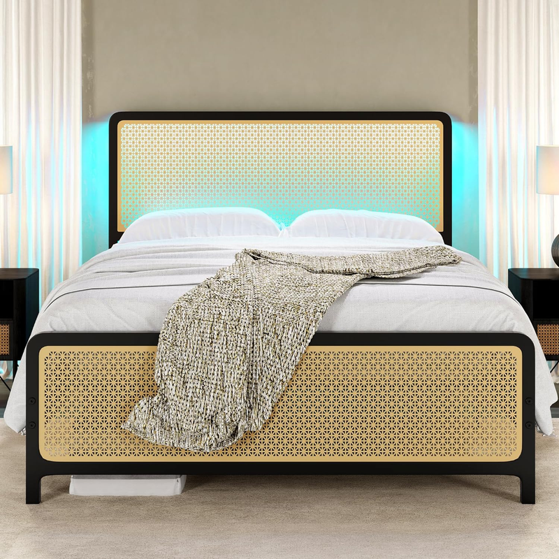 With Metal Rattan Headboard And Footboard, Queen Platform B