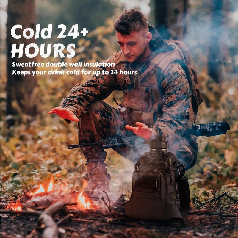 Half Gallon 64oz Stainless Steel Insulated Water Bottle w/ Tactical Carrier Bag 